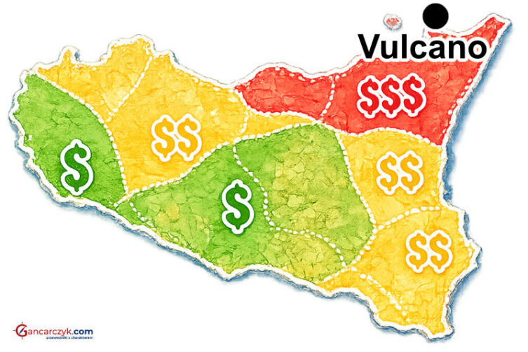 Mapa Sycylii z zaznaczonym Vulcano oraz orientacyjnymi kosztami noclegów w poszczególnych regionach wyspy