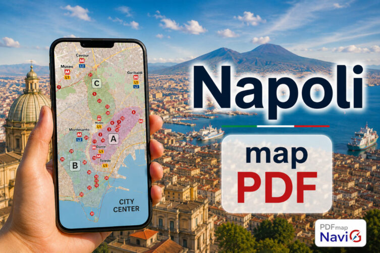 Grafika promująca mapę PDF Neapolu z widokiem na Zatokę Neapolitańską i Wezuwiusz w tle. Na pierwszym planie widoczna dłoń trzymająca telefon z mapą centrum Neapolu oraz napis „Napoli map PDF”.
