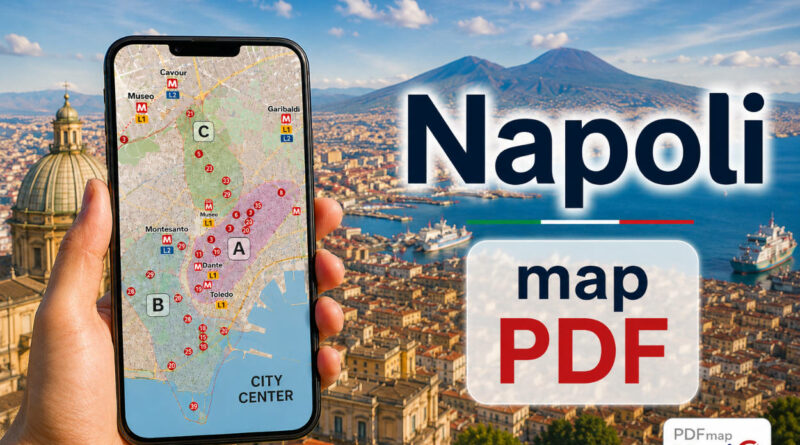 Grafika promująca mapę PDF Neapolu z widokiem na Zatokę Neapolitańską i Wezuwiusz w tle. Na pierwszym planie widoczna dłoń trzymająca telefon z mapą centrum Neapolu oraz napis „Napoli map PDF”.