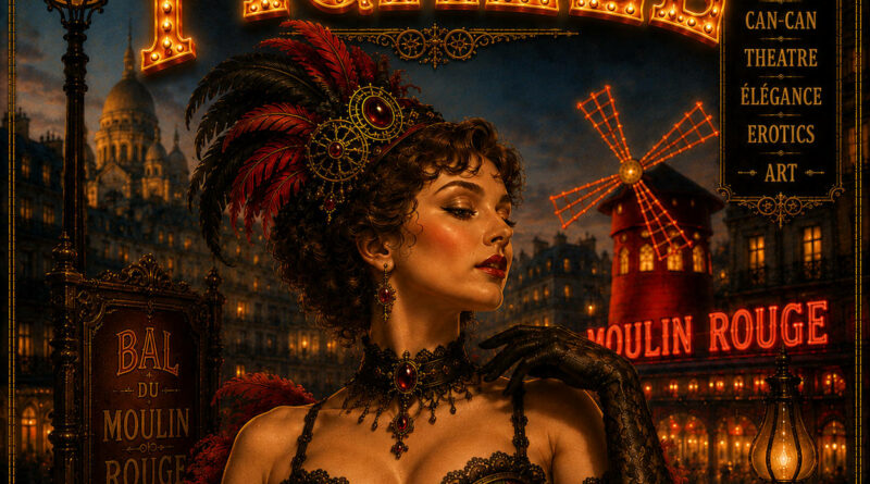 Stylizowany plakat w klimacie Belle Époque przedstawiający elegancką tancerkę kabaretową w czerwono-czarnym stroju z piórami i koronkowymi rękawiczkami. W tle nocny Paryż oraz podświetlony Moulin Rouge z charakterystycznym czerwonym wiatrakiem. Na górze duży napis „Pigalle”, a na dole „Belle Epoque”. Grafika utrzymana w mrocznym, luksusowym stylu retro inspirowanym paryskim kabaretem i burleską.