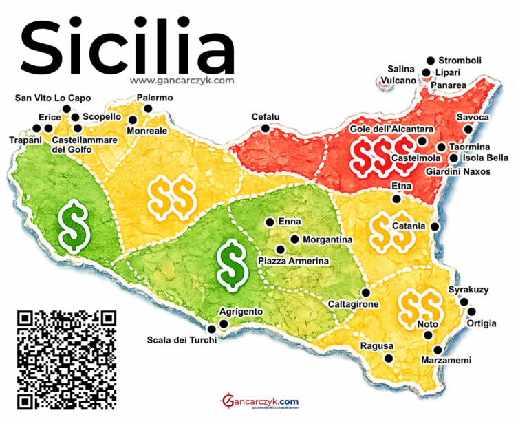 Mapa Sycylii przedstawiająca orientacyjne ceny noclegów w różnych regionach wyspy. Zielone obszary oznaczają najtańsze regiony, żółte średnie ceny, a czerwone najdroższe. Na mapie zaznaczono główne atrakcje turystyczne, m.in. Palermo, Taorminę, Etnę, Syrakuzy, Agrigento, Cefalù, Wyspy Liparyjskie i Scala dei Turchi.