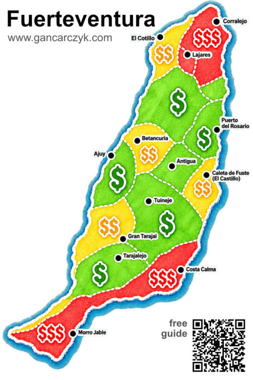 Mapa cen na Fuerteventurze z podziałem na tanie i drogie rejony wyspy