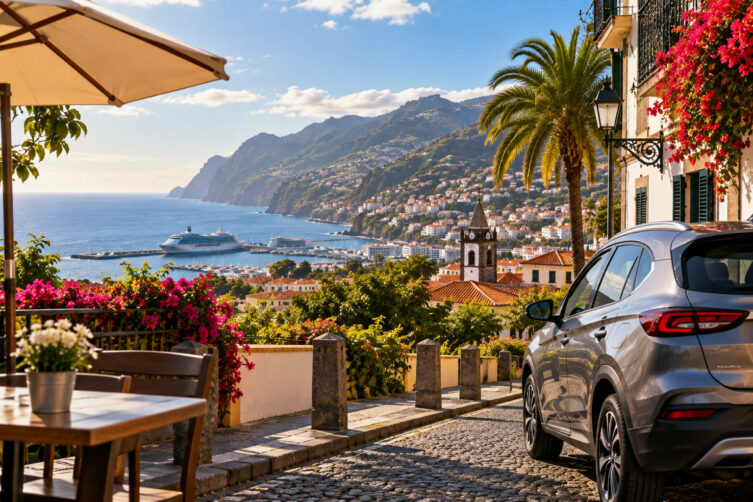 Funchal'da liman, okyanus ve Madeira dağları manzaralı, cadde üzerinde araç kiralama hizmeti.