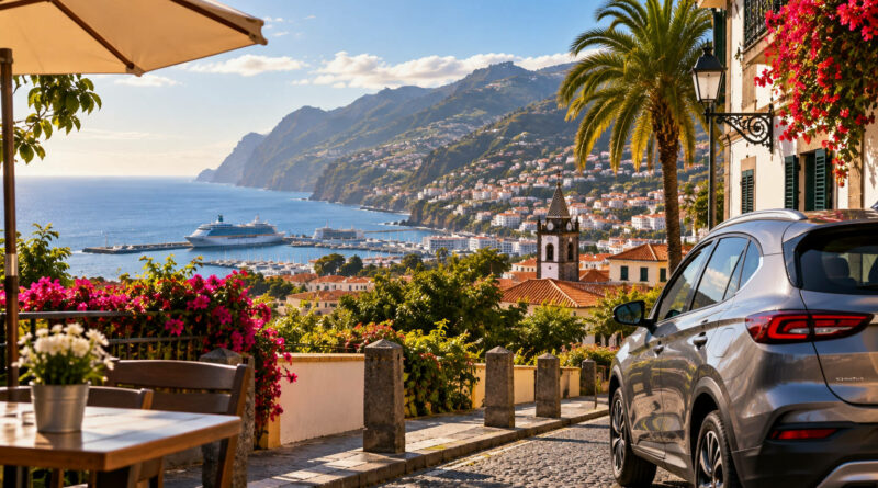 Samochód na wynajem na ulicy w Funchal z widokiem na port, ocean i góry Madery