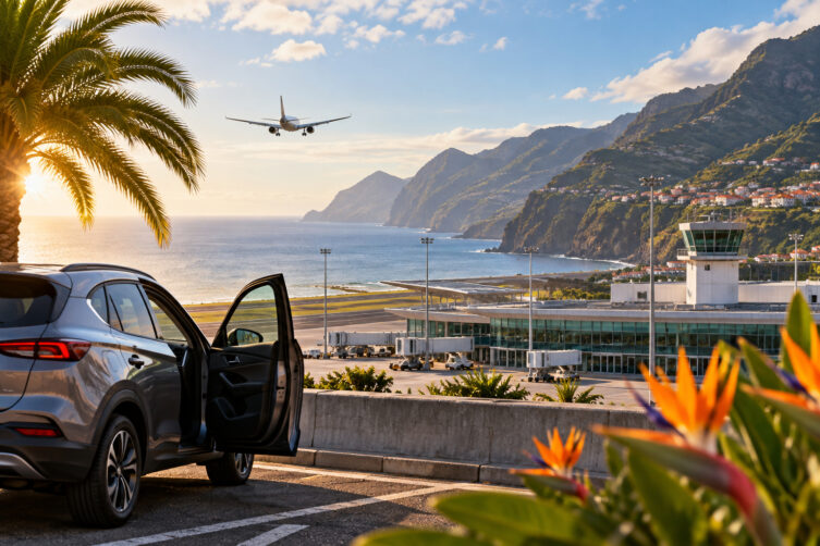 A car rental at Madeira Airport with views of the terminal, ocean and the island's mountainous coastline