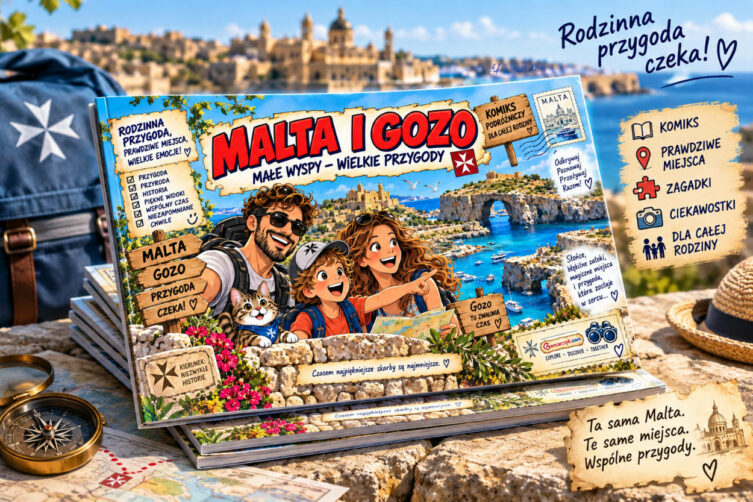 家族旅行コミック「マルタとゴゾ島 ― 小さな島々 ― 大きな冒険」のカラフルなモックアップ。コミックはマルタの海岸を見下ろす石壁に置かれており、表紙には登場人物の家族、猫のリコ、海景、岩のアーチが描かれている。その横には地図、コンパス、そして「コミック」「実在の場所」「なぞなぞ」「興味深い事実」「家族みんなで楽しめる」というスローガンが書かれたボードが置かれている。グラフィックには「同じマルタ。同じ場所。共有する冒険。」というスローガンも添えられている。