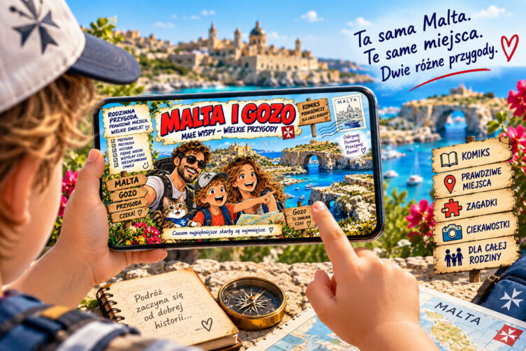 子供がスマートフォンを横向きに持ち、片方の手にコミックブック「マルタとゴゾ ― 小さな島々 ― 大きな冒険」の表紙を表示させ、もう片方の手で画面を指差している。背景には、海、歴史的な街並み、岩のアーチが見えるマルタの景色が広がっている。スマートフォンの横には、地図、コンパス、そして「コミック」「実在の場所」「なぞなぞ」「興味深い事実」「家族みんなで楽しめる」というスローガンが書かれた木製のボードが置かれている。
