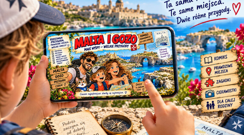 Dziecko trzyma poziomo telefon z wyświetloną okładką komiksu „Malta i Gozo – Małe wyspy – wielkie przygody”, a drugą ręką wskazuje ekran. W tle widok Malty z morzem, zabytkowym miastem i skalnym łukiem; obok telefonu widoczne są mapa, kompas i drewniana tablica z hasłami „Komiks”, „Prawdziwe miejsca”, „Zagadki”, „Ciekawostki”, „Dla całej rodziny”.