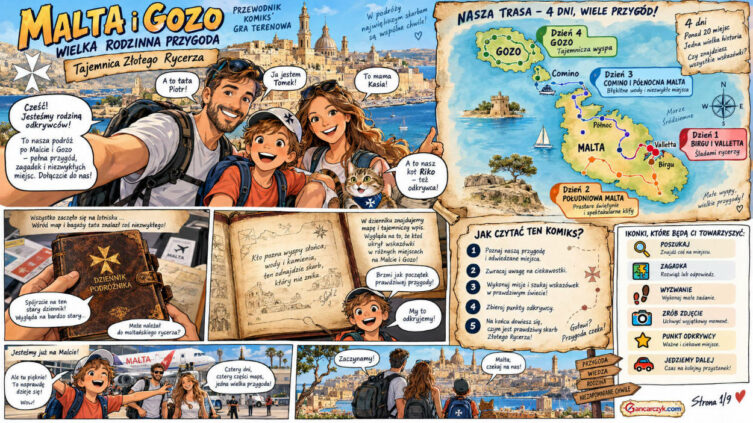 家族旅行コミック「マルタとゴゾ ― 素晴らしい家族旅行」のイラスト入りオープニングボード。中央には父ピョートル、母カシア、息子トメク、そして猫のリコが描かれ、マルタ、ゴゾ、コミノの地図(4日間のルート付き)、古い旅行記、空港、バレッタのパノラマ写真が添えられています。ボードにはコミックのルール説明、ミッションアイコン、パズルやチャレンジ、興味深い事実を通して子供たちが一緒にマルタとゴゾを探検するよう促す内容が盛り込まれています。