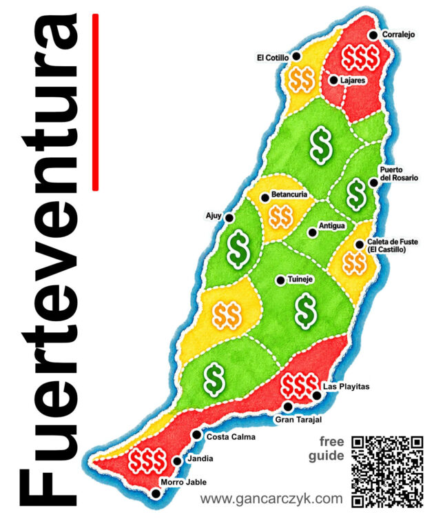 Price map in Fuerteventura, divided into cheap and expensive areas of the island