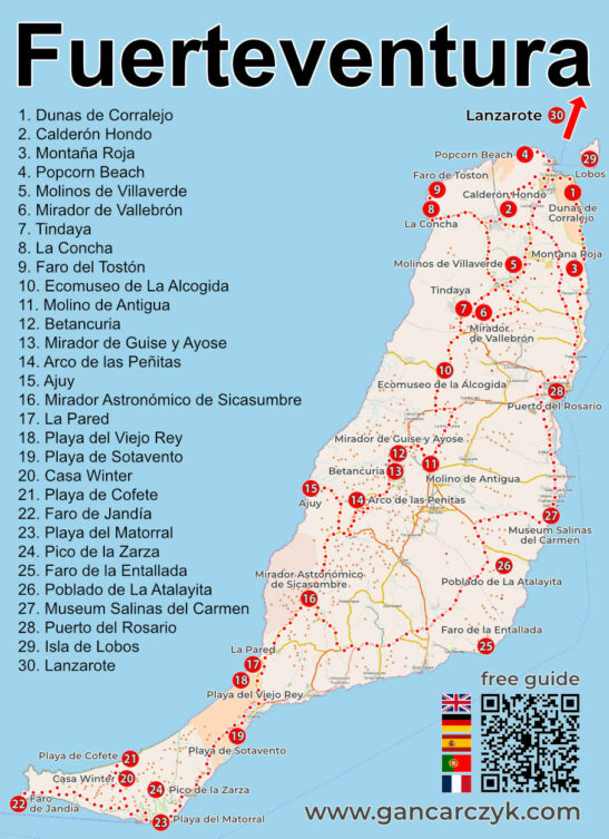 Mapa Fuerteventury z numerowaną listą 30 głównych atrakcji wyspy, w tym Dunas de Corralejo, Betancuria, Playa de Cofete i Isla de Lobos